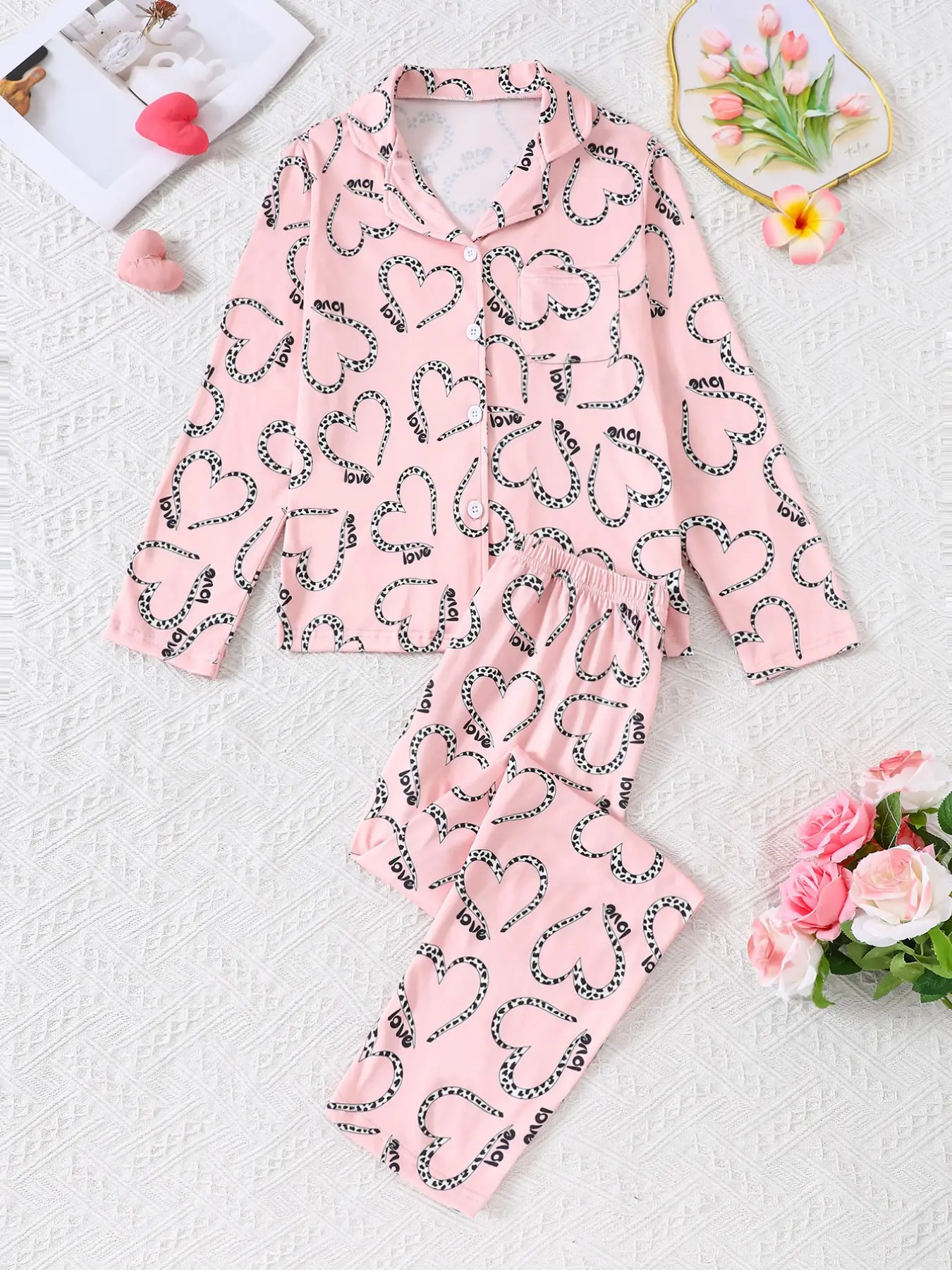 Girls' Heart Leopard Print Long Sleeve Set, Casual Loose-Fit, Fall & Winter Wear, Perfect for Ages 8-12, Home & Sleepwear, Love Print Sleepwear