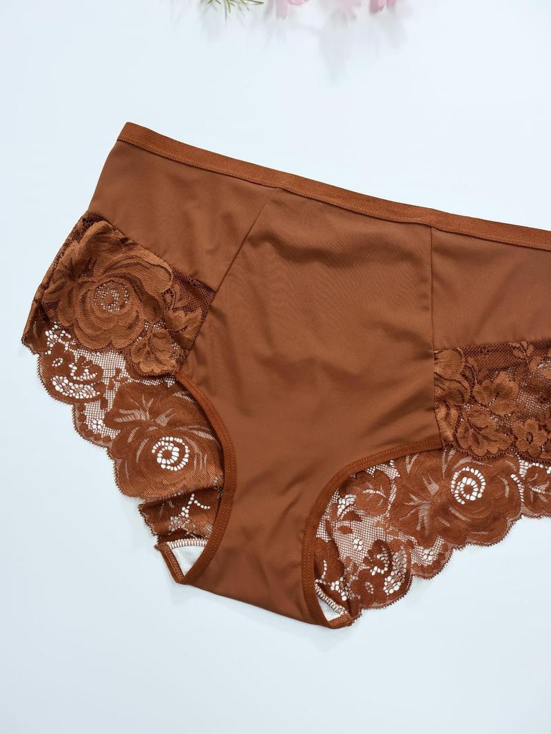 Plus Size Contrast Lace Brief, Breathable Comfortable Knicker for Daily Wear, Women's Underwear for All Seasons, Contrast Lace Panties