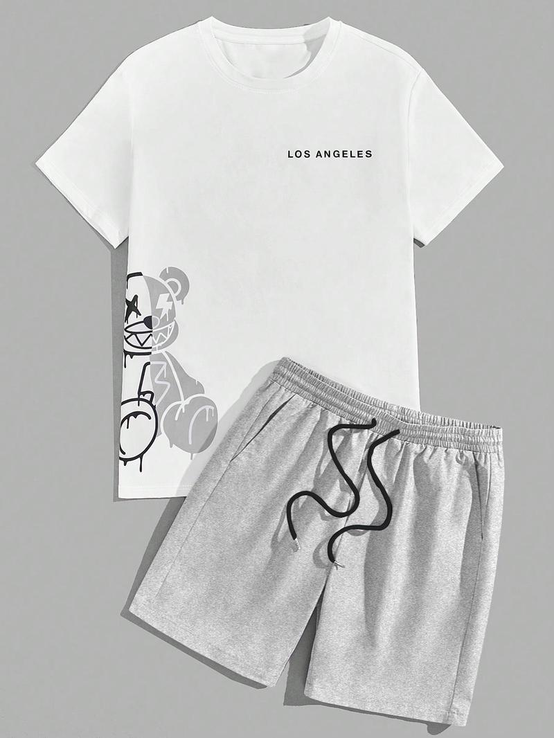 Two-Piece Set Men's Cartoon Bear & Letter Print Short Sleeve Tee & Shorts Set, Regular Fit Casual Round Neck T-shirt & Track Shorts, Summer Clothes Set for Men