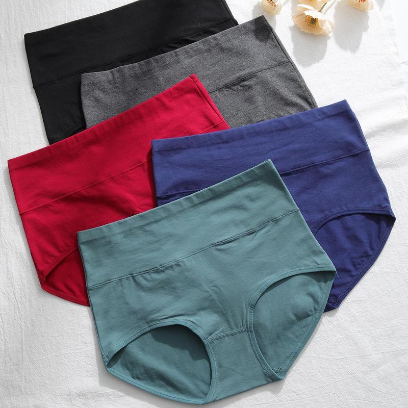 LEVAO Women's Cotton Underwear Comfortable Solid Color High Waisted Briefs Coverage Fashion Panties 5Pack S-XXL