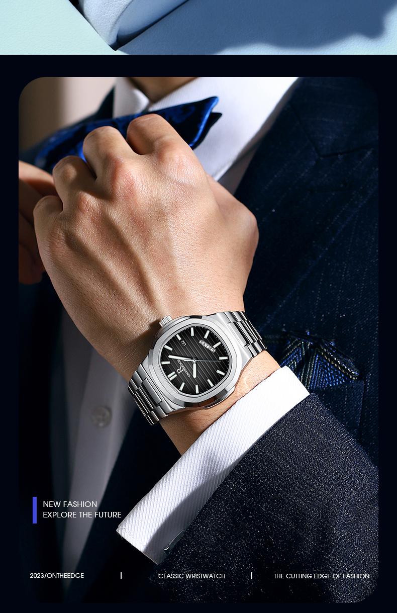 Men's Luxury Square Blue Dial Quartz Watch - Stainless Steel Wristwatch with Date, Luminous Hands, Waterproof, Classic Business Casual Dress Watch, Perfect Gift for Husband Dad