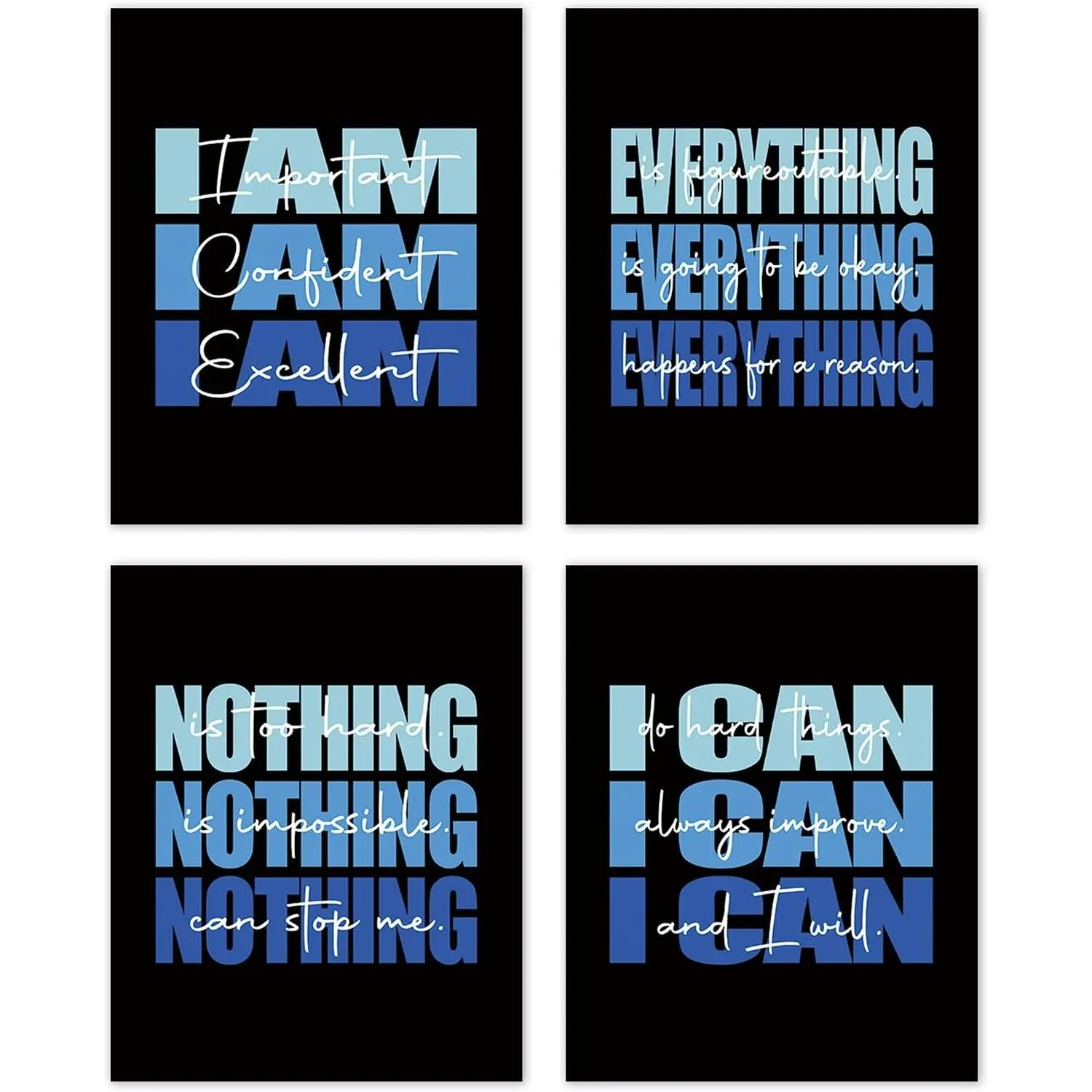 Blue and Black Inspirational Poster Prints Unframed Set of 4, Preppy Motivational Wall Art for Office Teen Boys Dorm Bedroom Playroom, Positive Affirmations Pictures Decor, 8x10Gift
