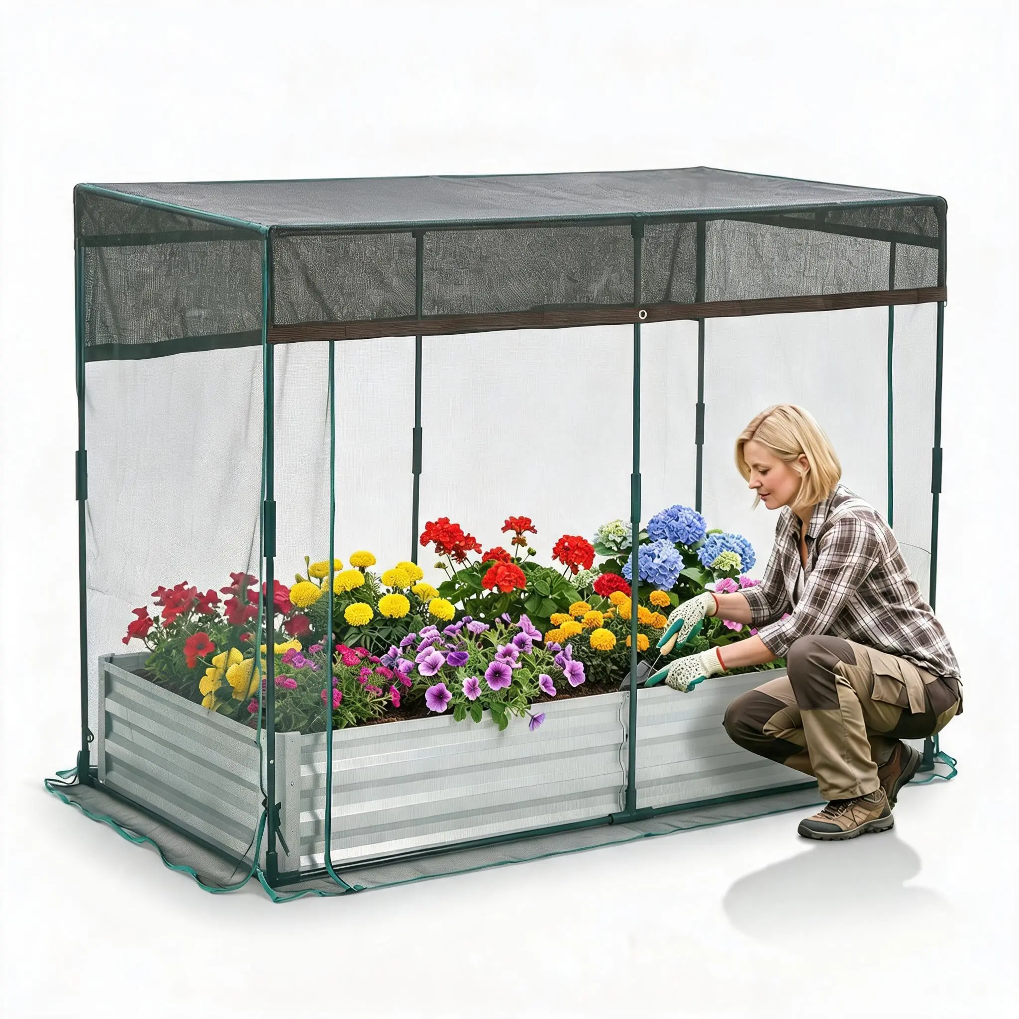 Galvanized Metal Raised Bed Kit, 6x3x1Ft Bottomless Elevated Planter with Self-Watering Irrigation, Mesh Cover Top for Outdoor Garden Plant Growing, Durable for Backyard, Patio