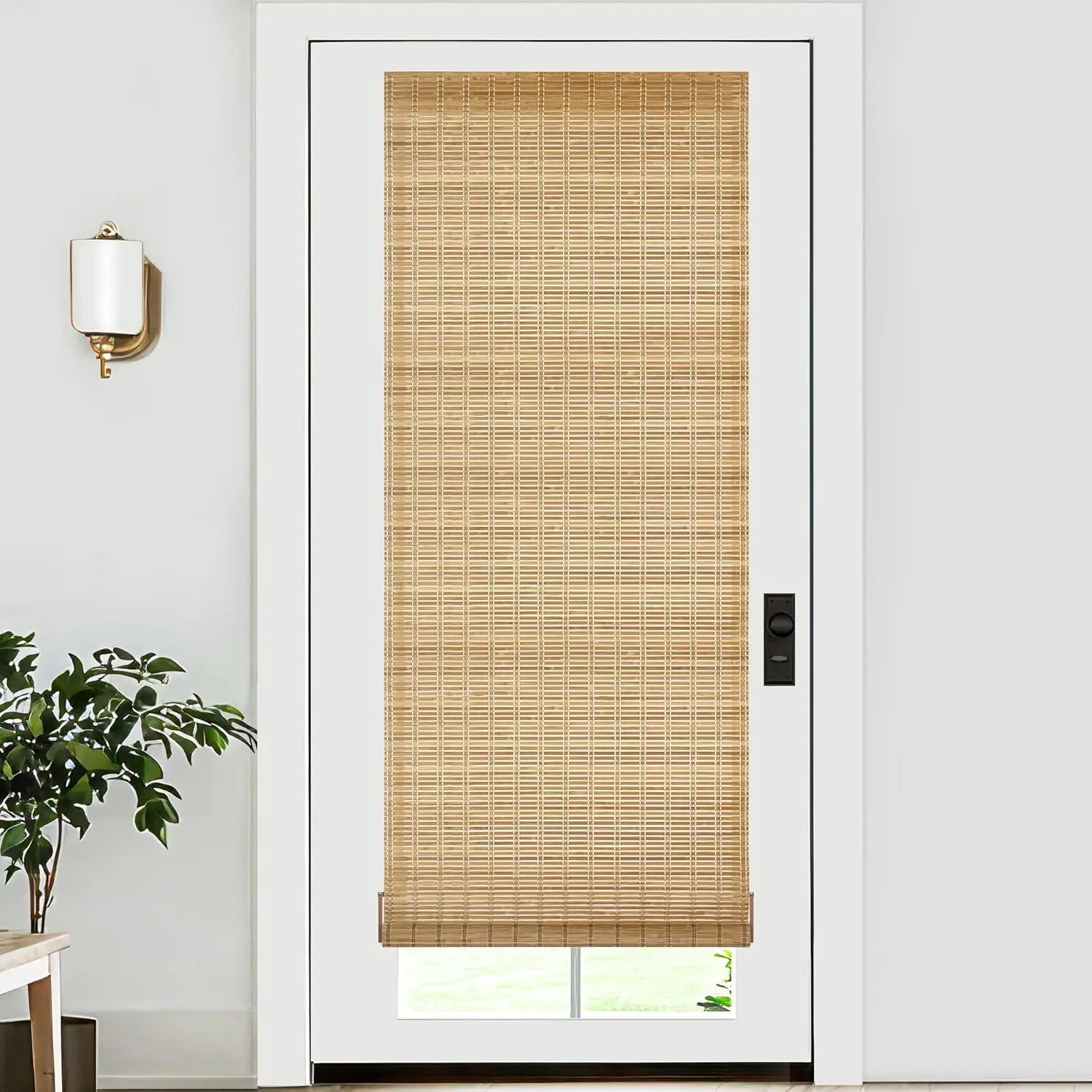 No-Drill Bamboo Roller Shades, Cordless Lift Light Filtering Roll Up Blind for Windows, Doors & Patios, 26" W x 70" H, Brown, Clip Buckles, Windowcover, Bedroom, Living Room