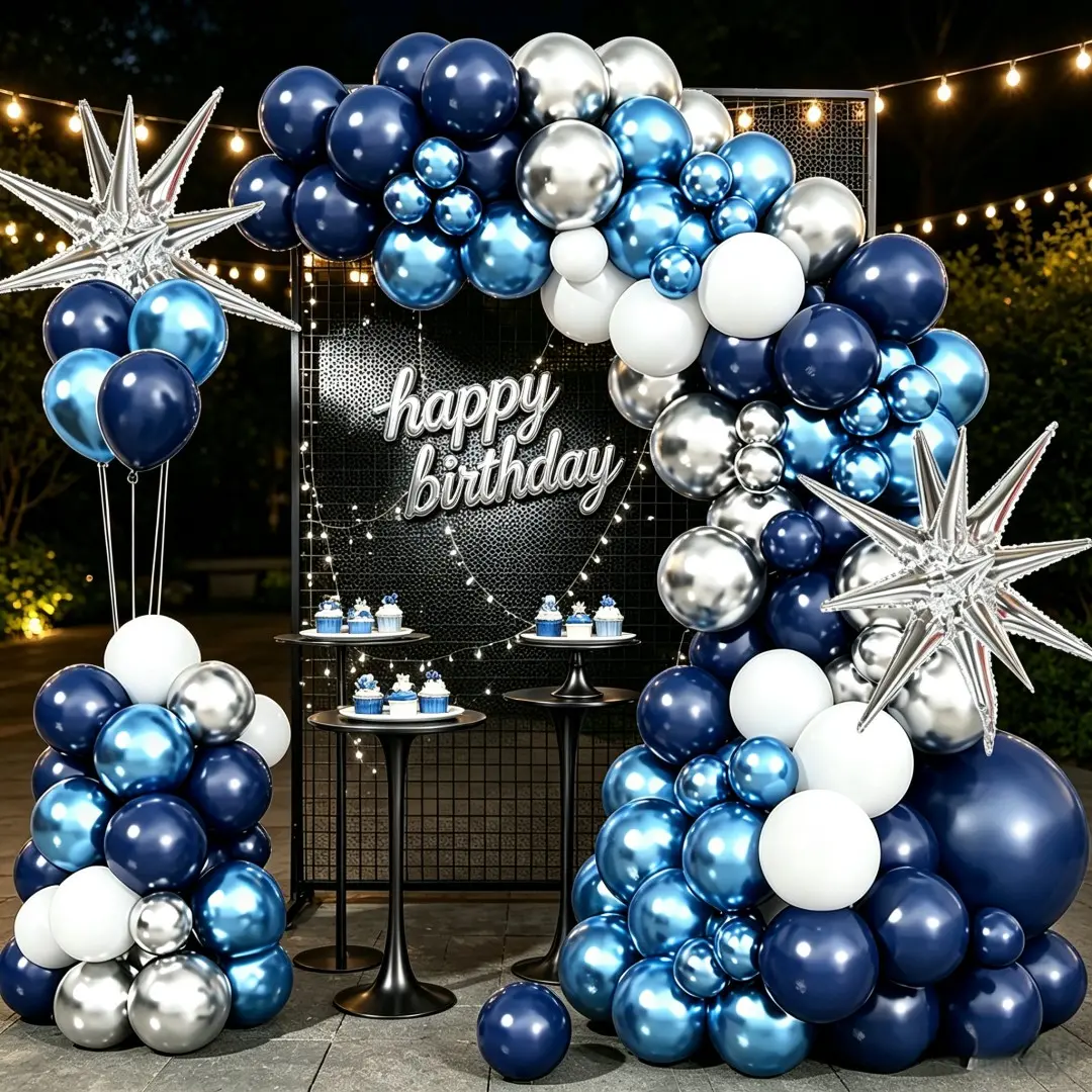 133pcs Blue Silver Balloon Arch Set, Metallic Blue, Silver Color, Balloons, Metallic Latex Balloons, Birthday, Wedding, Graduation, Baby Shower Decorations