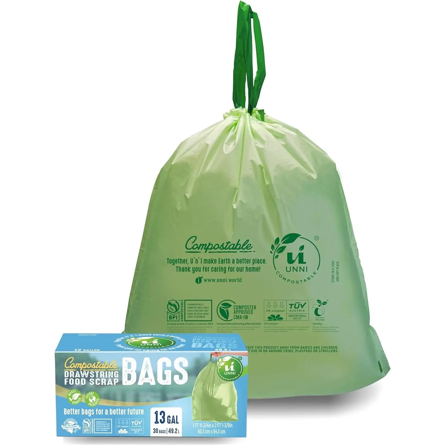 Compostable Drawstring Bags, 13 Gallon, 49.2 Liter, 30 Count, Heavy Duty 1 Mil Tall Kitchen Food Scrap Waste Bags, ASTM D6400, US BPI, CMA & Europe OK compost Certified, San Francisco