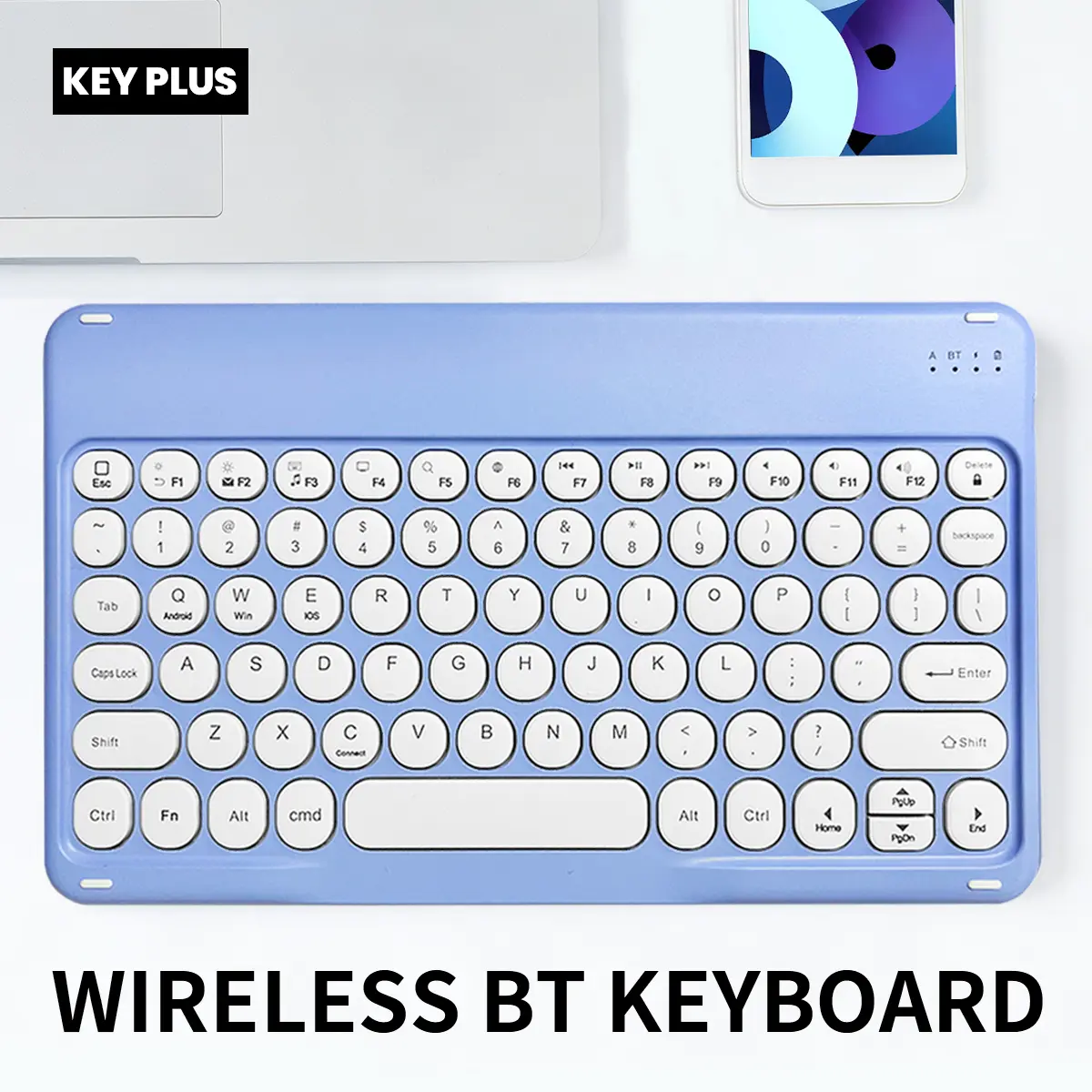 Retro Modern Plastic Round Keycap Wireless BT Keyboard, Compact with Batteries, Media Keys for Office Travel, Multi-Device Compatible with Android/iOS/Win