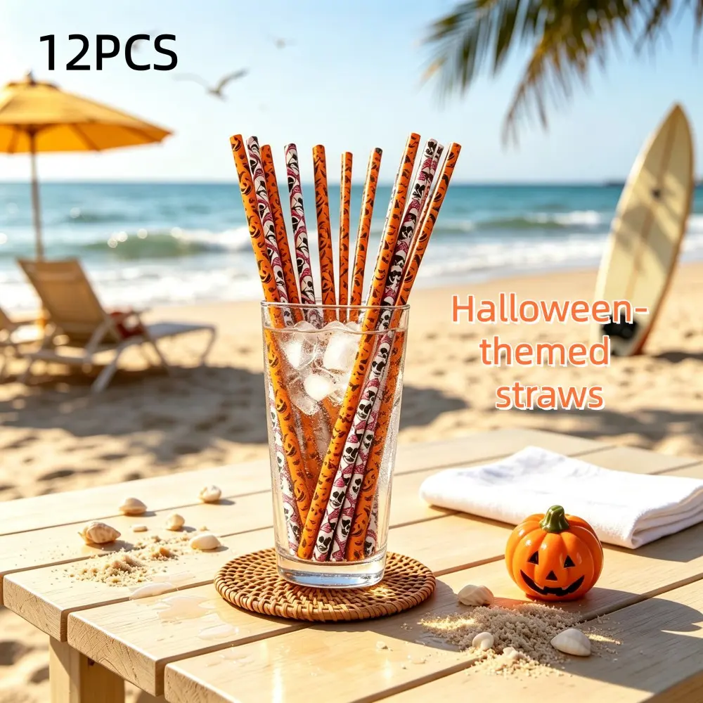 Halloween Theme Reusable Straw with Cleaning Brush, Durable PP Plastic Material, Perfect for Parties & Daily Use, Eco-Friendly Drinking Solution