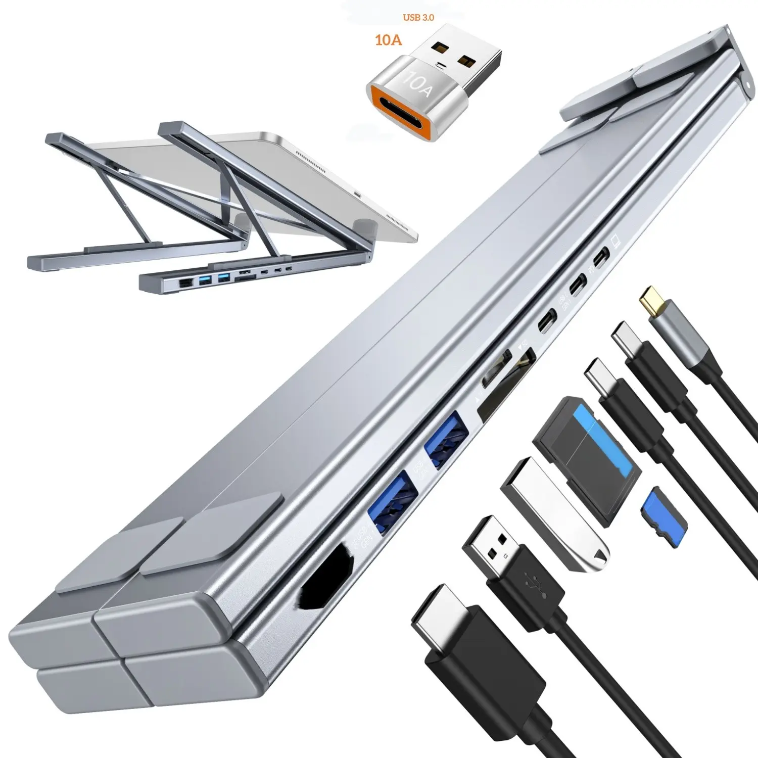 Portable Laptop Stand with USB C 9-In-1, Ergonomic Design, Foldable, 4K@30hz, PD 100w, SD&TF, 2 USB 3.0 Ports, Includes Adapter