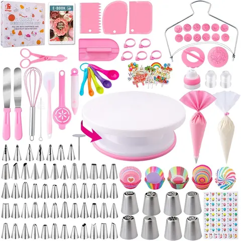 356-Piece Pink Cake Decorating Kit with 304 Steel Tools, Left-Right Spin Turntable, Pastry Piping Bag, Dishwasher-Safe Baking Tools Set for Beginners, Birthday Kitchen Bakeware Gift