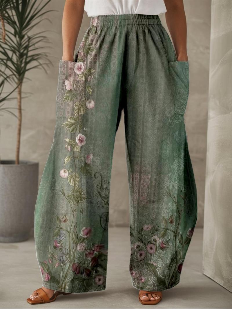 Plus Size Figure Print Pocket Elastic Waist Pants, Casual Comfy Trousers for Daily Wear, Women's Bottoms for Summer, Bohemian Trousers