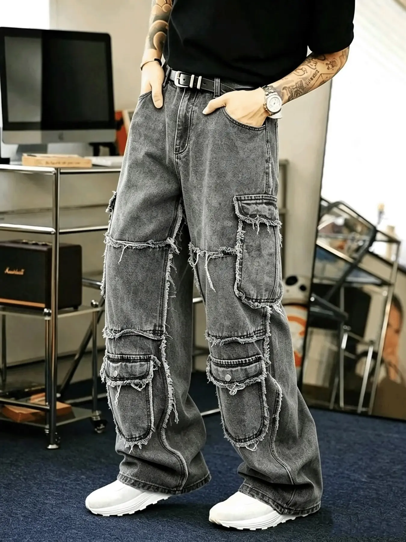 Men’s American Vintage Grey Wash Frayed Cargo Jeans, Dual Oversized Fringe Pockets, Baggy Wide Leg Loose Drapey Floor-Length Denim Pants