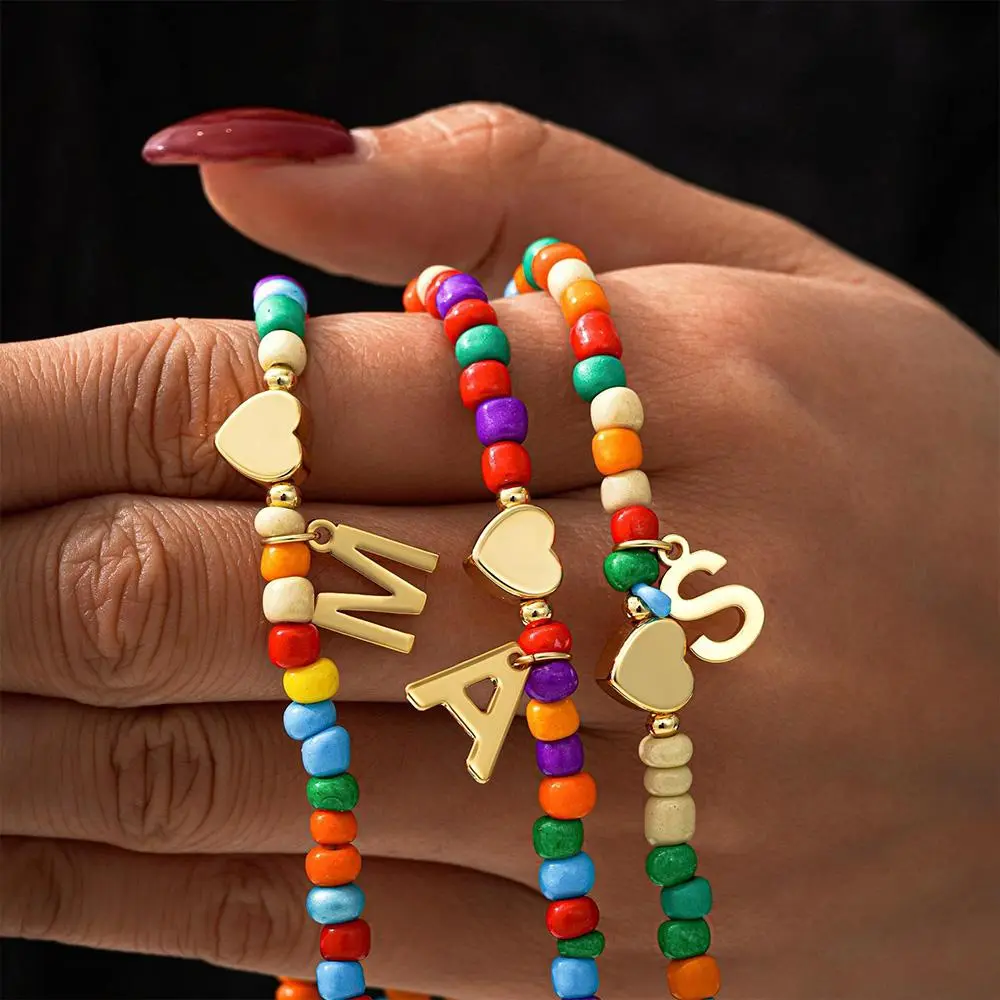 Bohemian Colorful Beaded Initial Pendant Necklace - Golden Hollow Letter A-Z Pendant for Women Girls Jewelry Daily Vacations, Party Wear, Jewelry, Holiday Birthday Gift