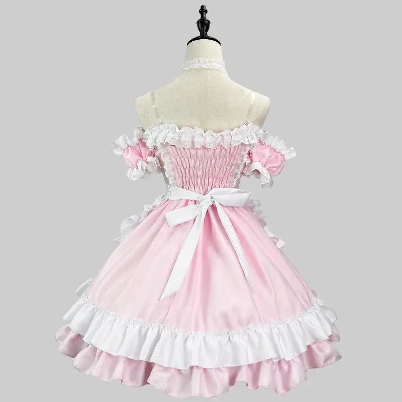 Sweet Kawaii Off Shoulder Lolita Dress Pink White Tier Ruffle Princess Outfit With Apron Cuffs Choker Headband Clear Strap S-5XL