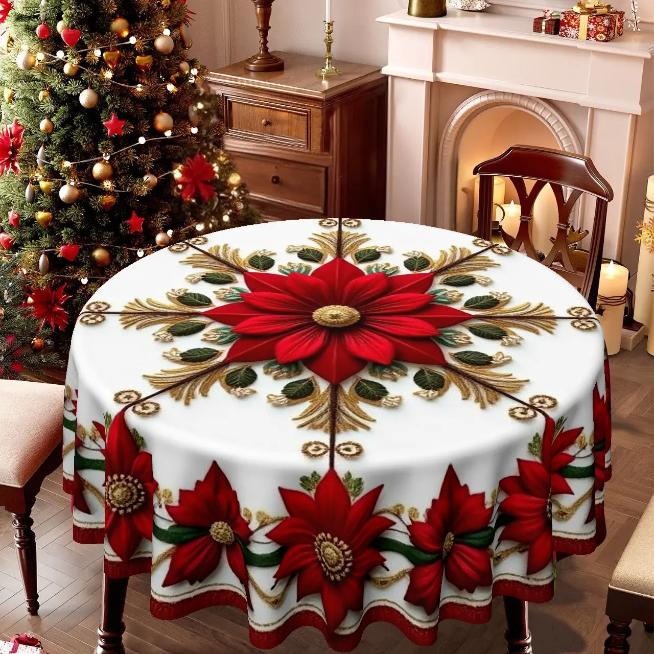 2D Flat Party Tablecloth 1pc, Round Tablecloth with Holiday Floral Design, Perfect for Dining Room, Kitchen, Living Room Decor, Christmas