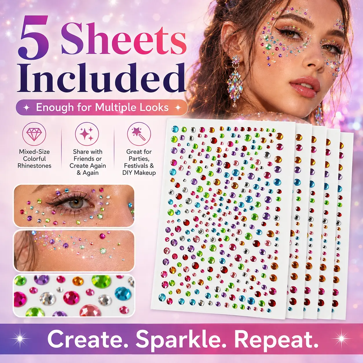 Self-Adhesive Face Gems, Colorful Sparkling 3D Rhinestone Stickers with Mixed-Size Peel-and-Stick Jewels for Face, Eyes, Hair, Body, Nails and DIY Crafts, Concert, Music Festival, Rave, Party, Cosplay and Stage Makeup Accessories