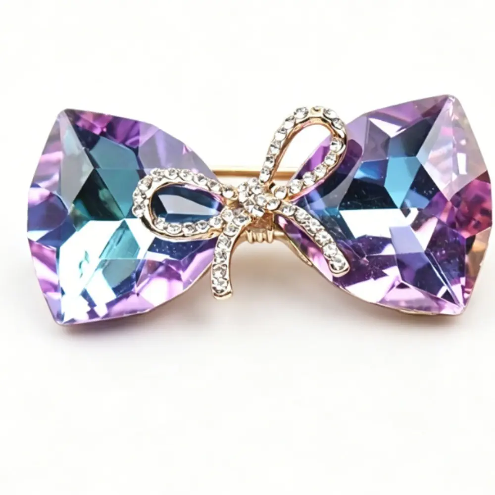 Unisex Elegant Sparkle Bow Brooch,Purple Faux Gem Gold-Tone Alloy Pin for Daily Party Wear