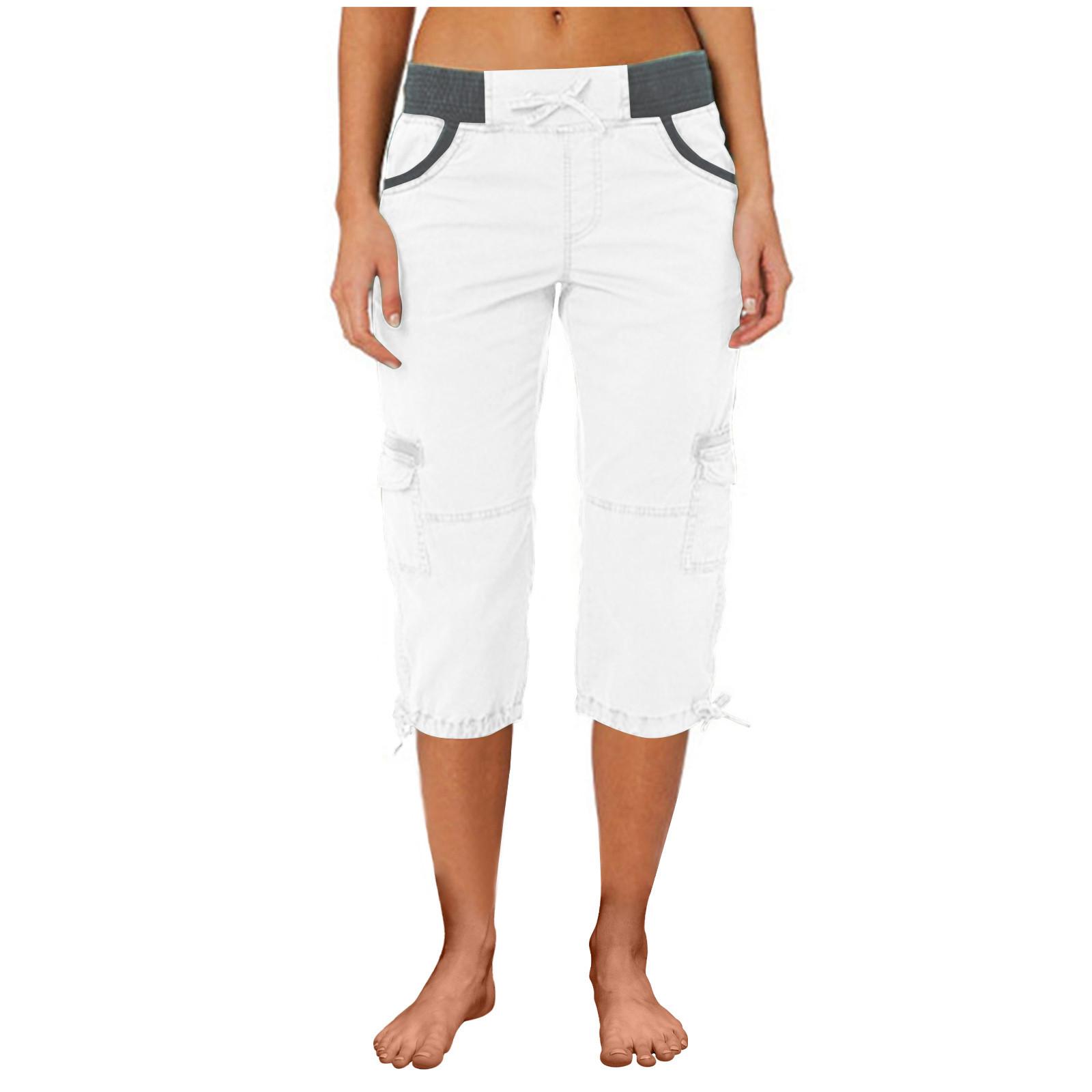 Women Cargo Capris Soild Casual Pants With Pocket Drawstring Outdoor Hiking Pants Women'S Slacks Thin Streetwear Tops Chic White Womenswear Bottom Comfort Basic