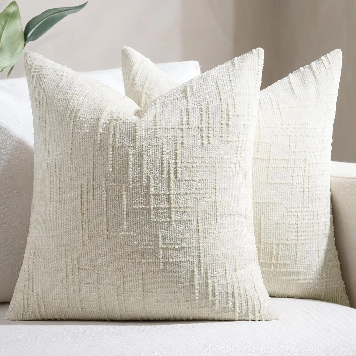 Textured Chenille Throw Pillow Covers Set of 2, 18x18 Cream Decorative Cushion Covers, Soft Cozy Slubby Texture for Modern  Sofa Couch Bed