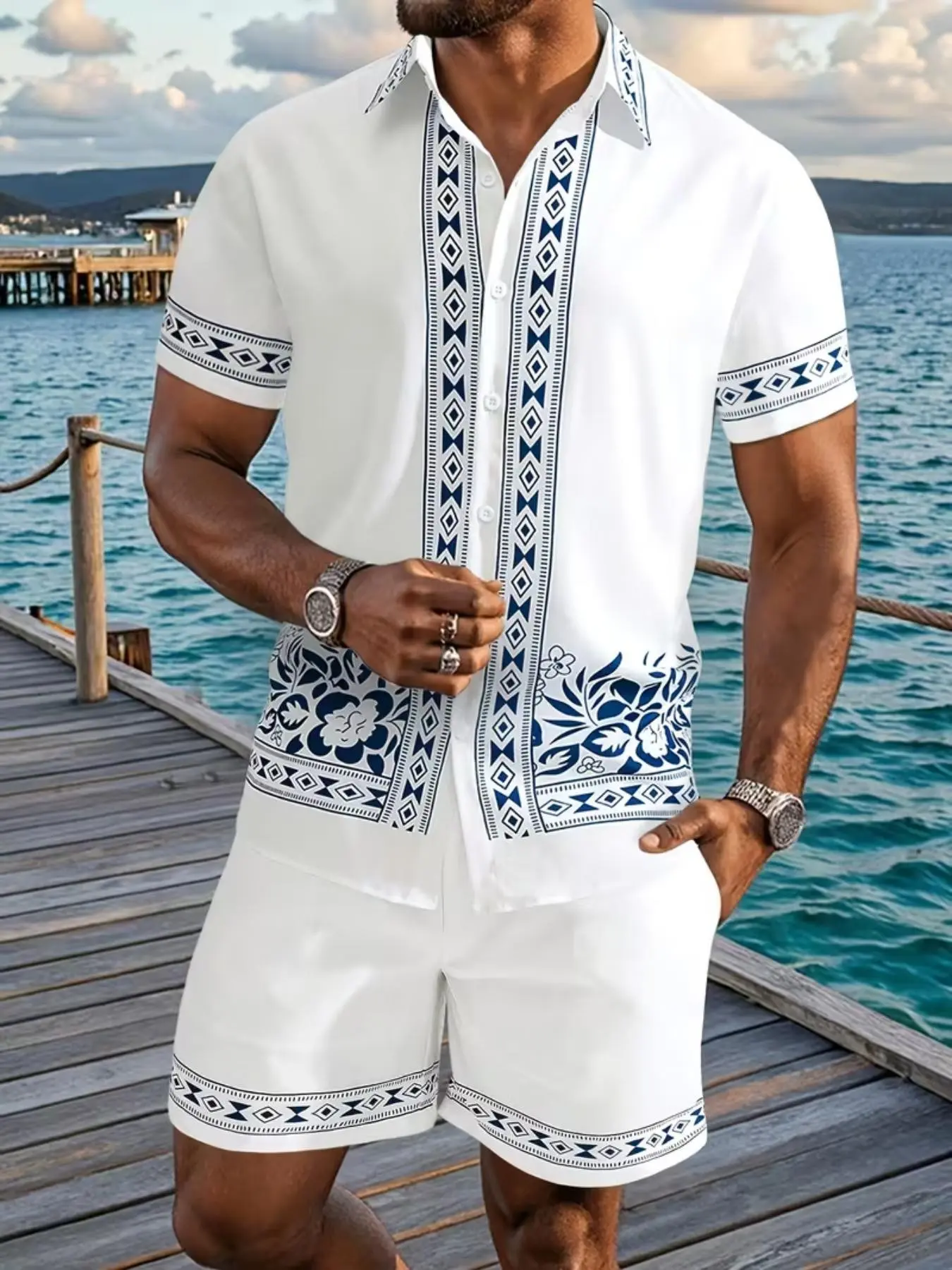 Beach Surfing Holiday Shirt Set, Simple Pattern Design, Drawstring Shorts + Collar Blouse, Soft Material, Fitted Style, Unisex