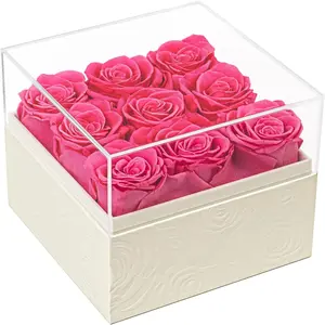 Square Preserved Roses  Box - Real Forever  in Clear  Lid, Valentine's for Women (, 9 Roses)