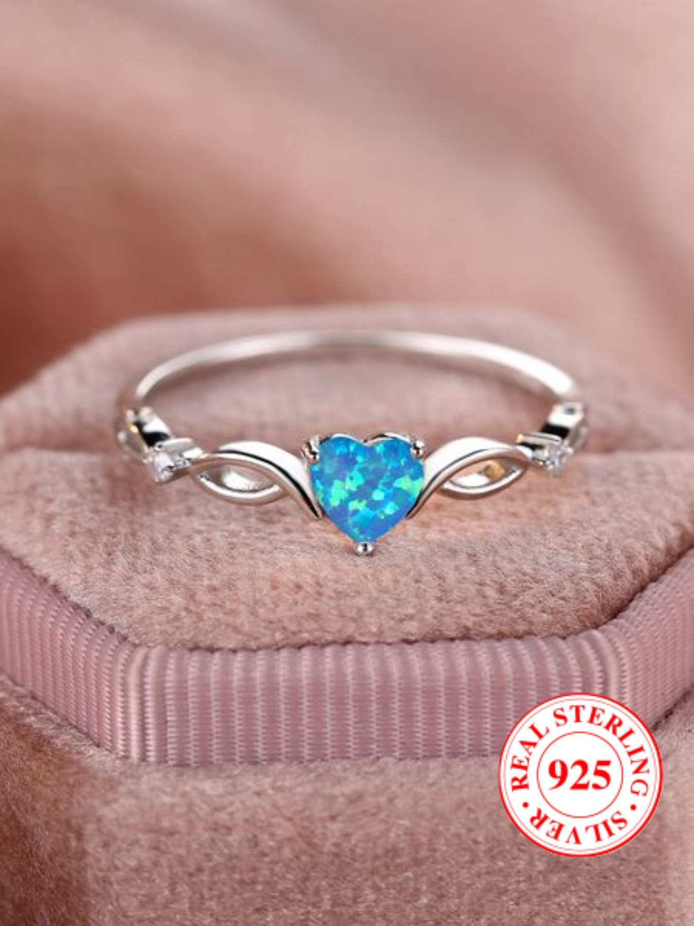 S925 Sterling Silver Fashion Colorful Heart Shaped Decor Ring, Promise Engagement Rings, Elegant Artificial Opal Decorated Ring for Women & Girls, Perfect Holiday Anniversary Birthday Gift, Valentine's Day Gift