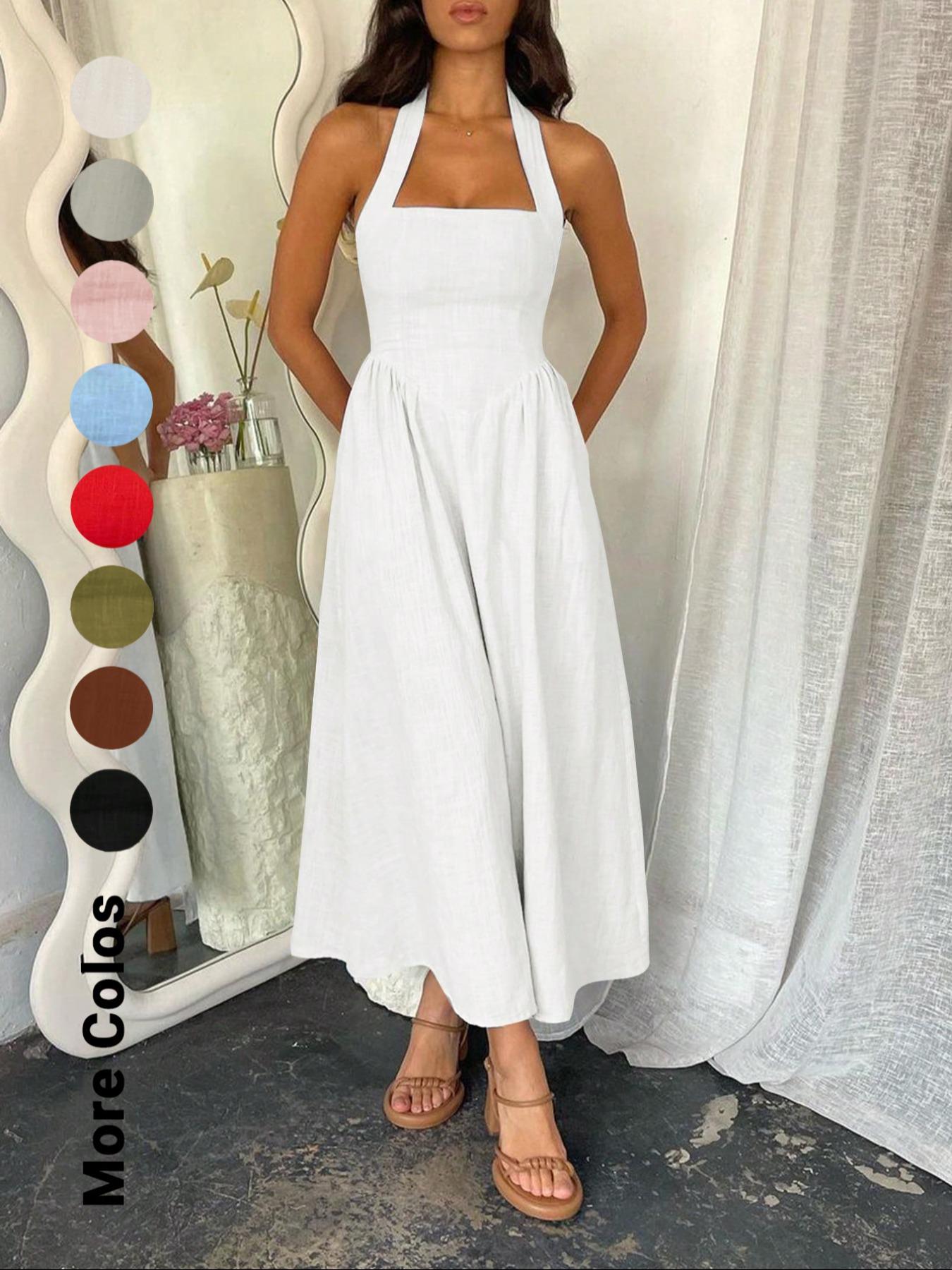 Women's Plain Pocket Zipper Back Dress, Casual Sleeveless Halter Neck A Line Dress for Summer, Ladies Clothes for Beach Holiday, Brunch Dresses, Casual Wear