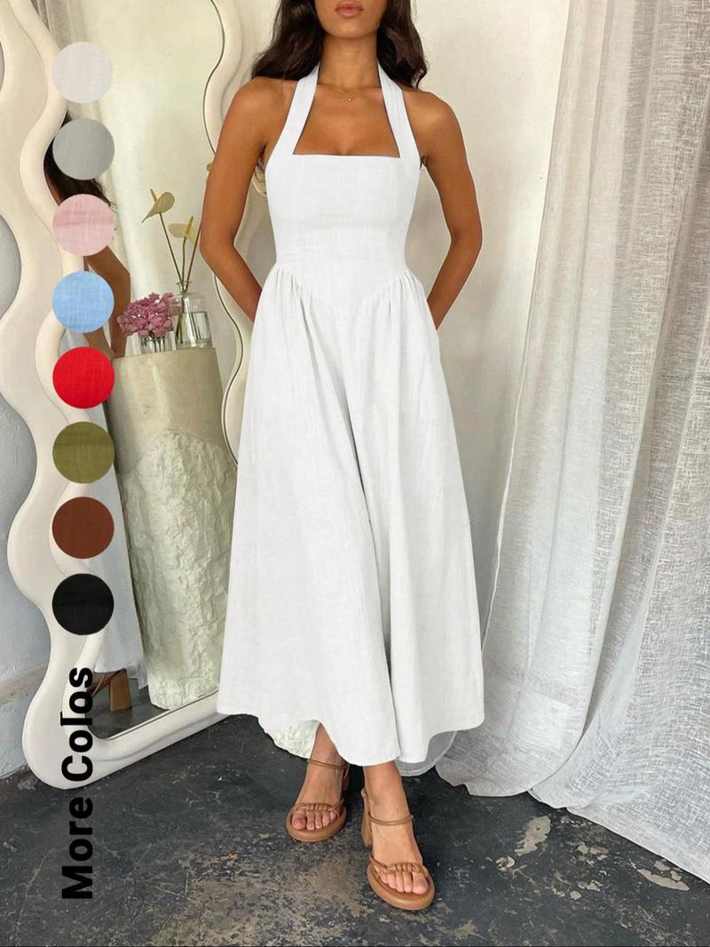 Women's Plain Pocket Zipper Back Dress, Casual Sleeveless Halter Neck A Line Dress for Summer, Ladies Clothes for Beach Holiday, Brunch Dresses