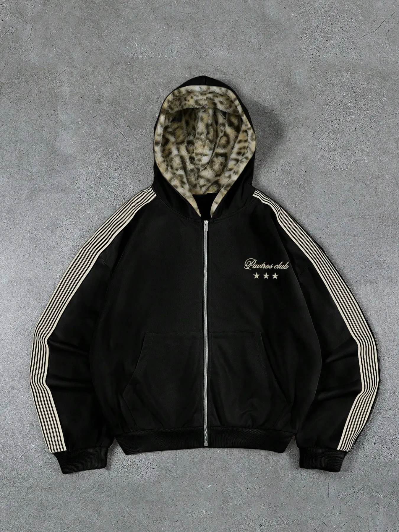 Men's Winter Street Style Graduation Return Plush Leopard Print Vintage Knit Hooded Sweatshirt, High-Quality Logo Hoodie