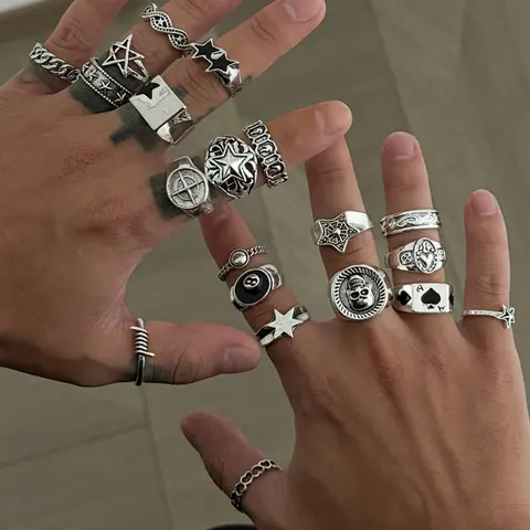 20 Pieces Vintage Star & Skull Rings, Dark Punk Knuckle Rings, Holiday Gift, Street Style Accessories for All Seasons, Stackable Rings, Statement Rings, Vintage Jewelry, Stackable Rings Set, Fashion Stackable Rings