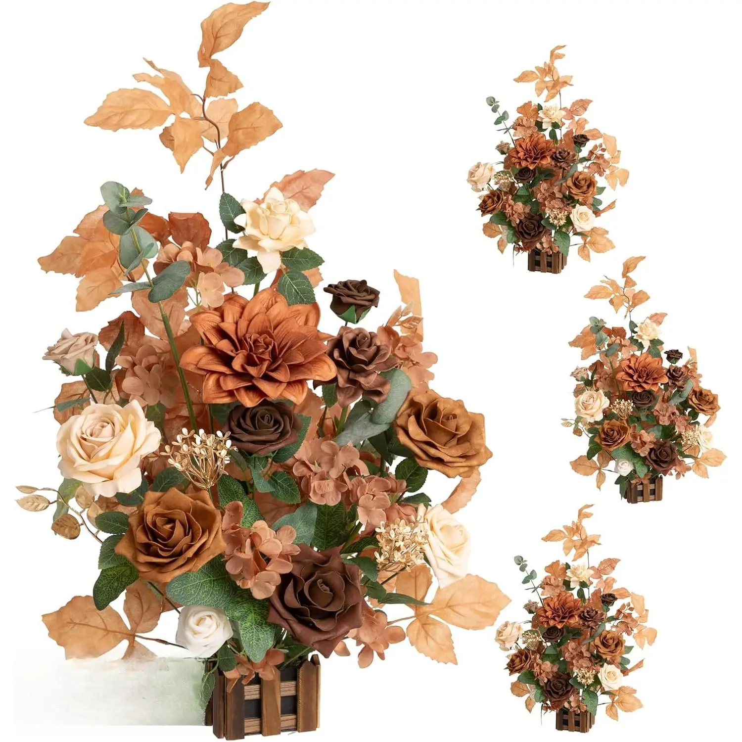 Romantic Free-Standing Anti-Wilt Brown Orange Artificial Flower Arrangement, 17.5"h 4pcs Fall Wedding Aisle Runner Arch Flowers, Chair Sash Centerpieces Ceremony Reception Decor