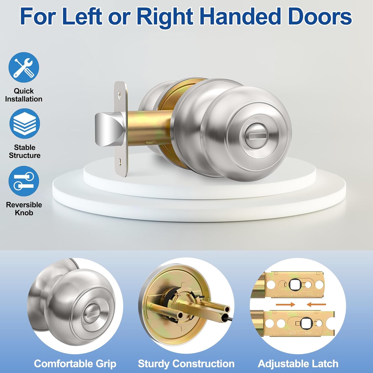 Door Knob, Brushed Nickel Door Knobs Interior Keyless Locks Set(6 Pack), Bedroom Bathroom Door Knob with Lock, Reversible for Left/Right Door Handle
