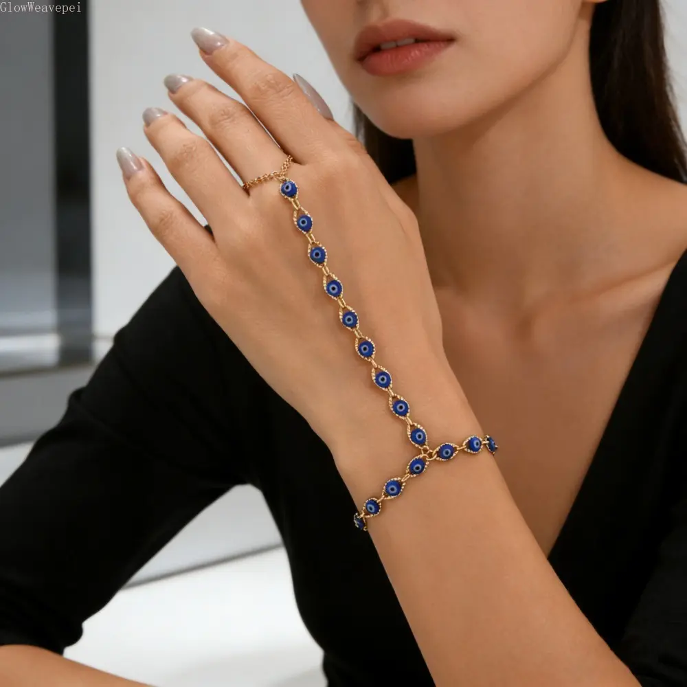 Boho Hand Harness Finger Chain Bracelet for Women, Gold-Tone Alloy Jewelry with Blue Enamel Evil Eye Motif, Lucky Protection Charm, Female Wear, Gothic Boho, Lucky Gift, Plastic Alloy, Arm Candy Accessories, Bracelet Stacking
