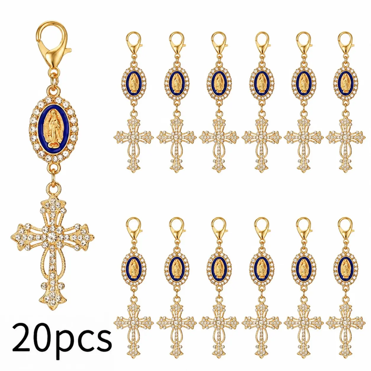 20 Pcs Pearl Rhinestone Cross Keychain Charms, Key Rings, Religious Cross Bag Charms for Baptism, First Communion, Wedding Favors