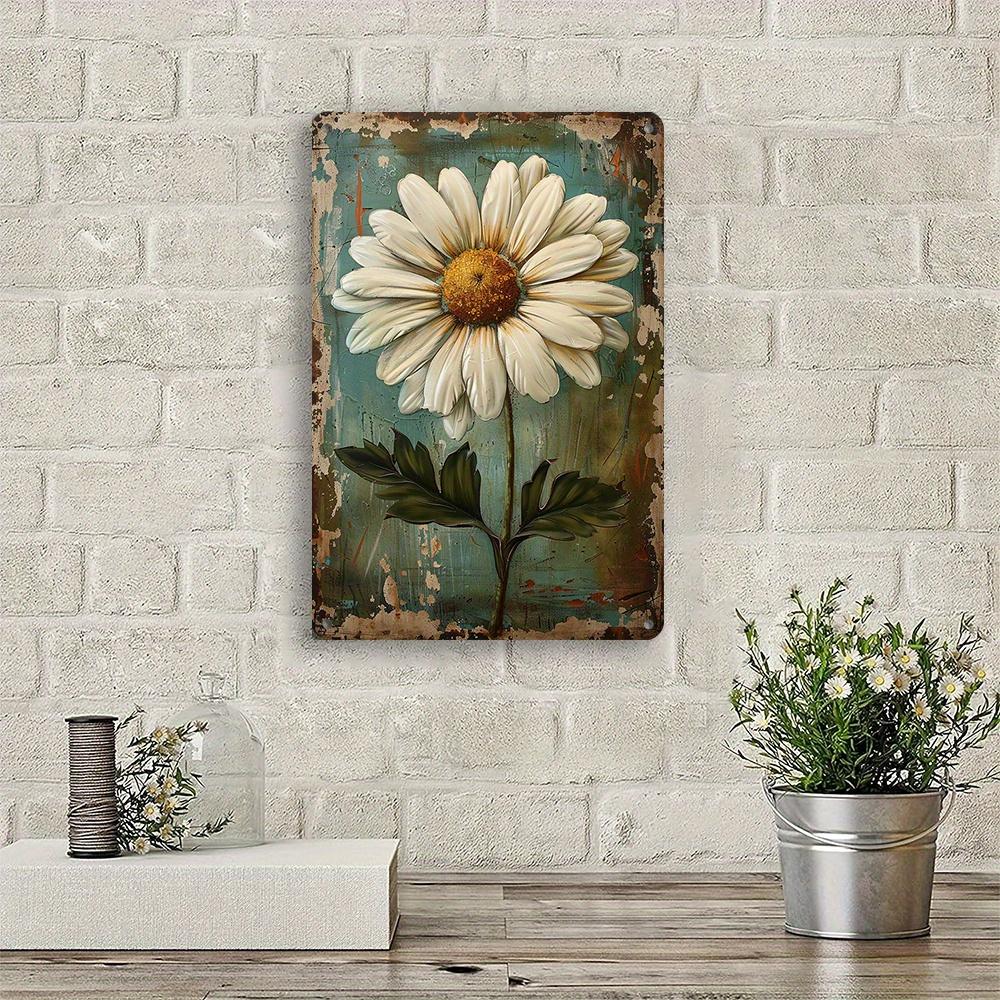 Vintage White Daisy Hand Painted Metal Wall Sign Retro Home Bar Cafe Decor Durable Art Signage for Living Room Club Gift 8x12 Inches Rustic Farmhouse Kitchen Pub Wall Decor