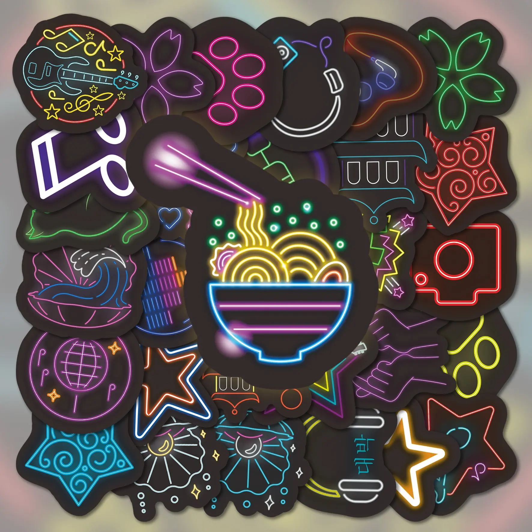 2DFlat 75 Pcs Neon Light Line Art Vinyl Stickers Pack | Colorful Glowing Noodle Guitar Sakura Pattern Decals | For Laptop, Water Bottle, Notebook, Luggage & Gift Decor | For Street Art & Hobby Collectors