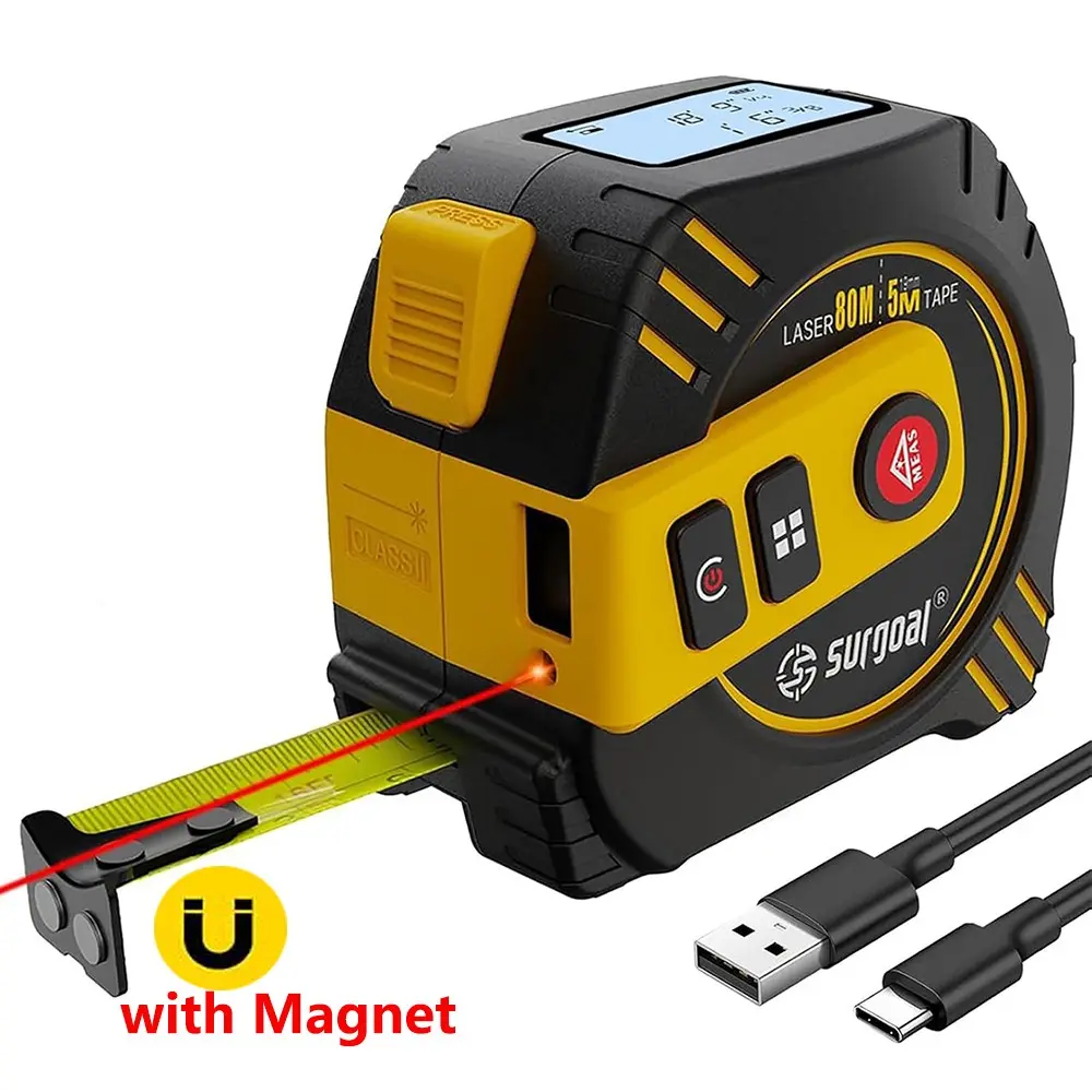 Two-In-One Multi-Functional Laser Rangefinder 80m with Tape Measure 5m, Magnetic, Switchable Units, Rechargeable, Model T2-80m