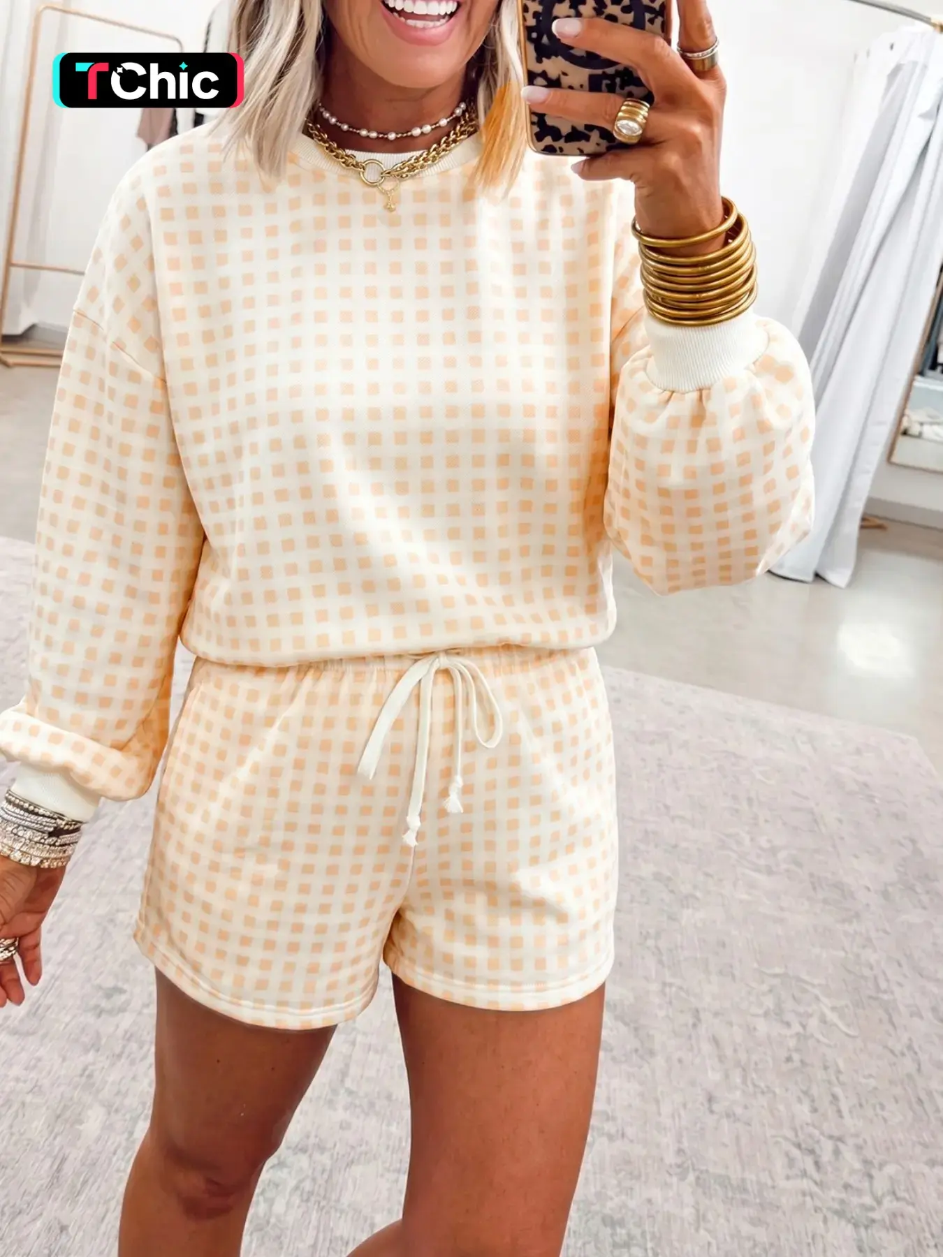 Spring Summer Casual Plaid Long Sleeve Top and Mid Waist Short Pants Set, Comfortable Loose Fit for Daily Wear