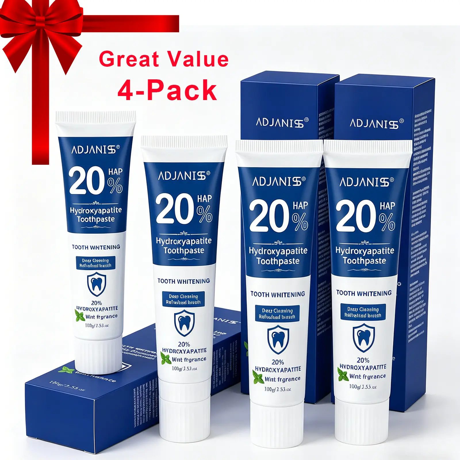 Adjaniss Hydroxyapatite Toothpaste, Gentle Gum Care, Fresh Breath, Prevents Tartar Buildup, Keeps Teeth Clean, 4pcs/100g Each