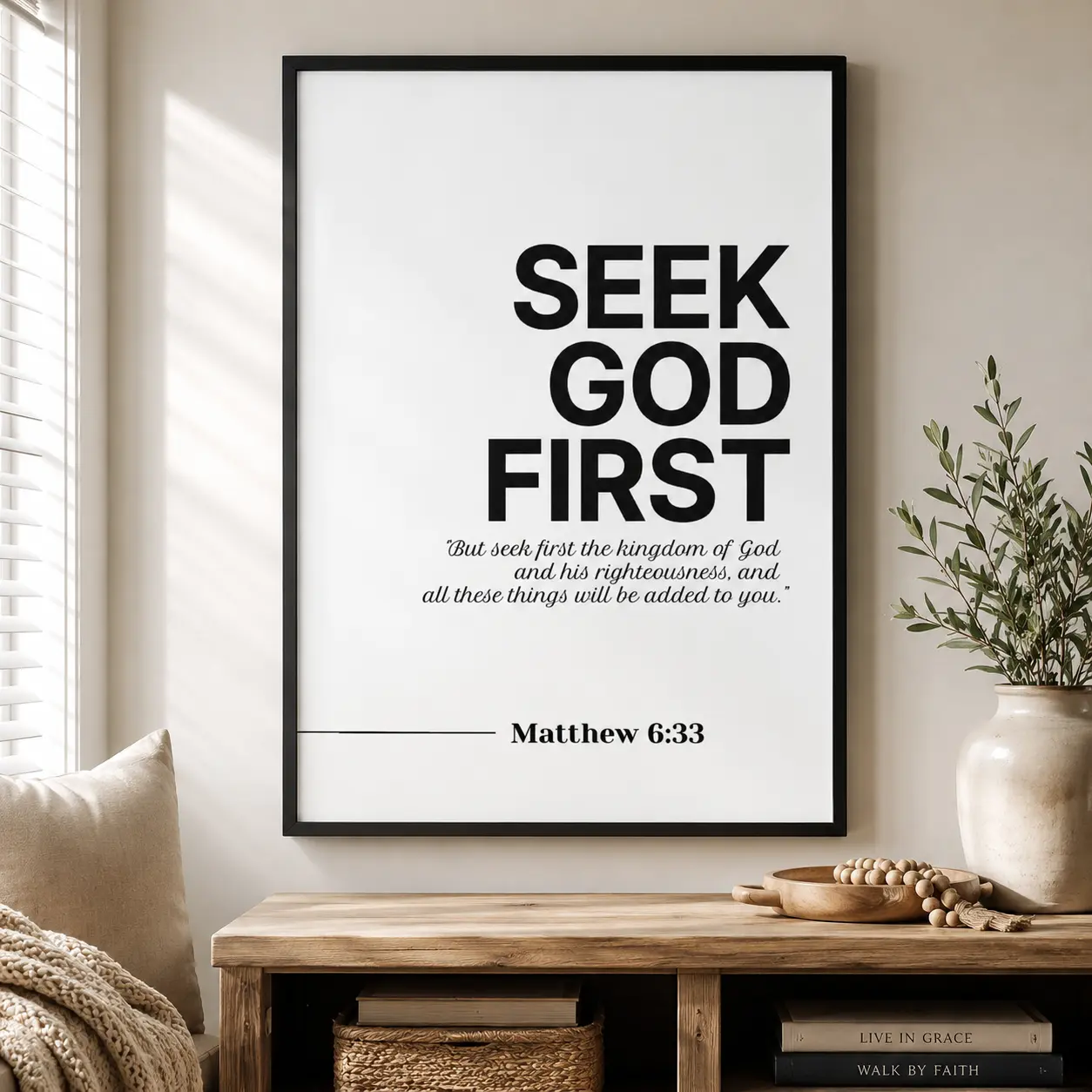 Matthew 6:33 Bible Verse Wall Art – Seek God First Christian Home Decor, Inspirational Poster, Canvas Wall Art, Canvas Prints, Framed Canvas, Unframed Canvas, Religious Wall Art, Scripture Wall Decor, Bedroom Decor, Living Room Wall Art, Office Decor