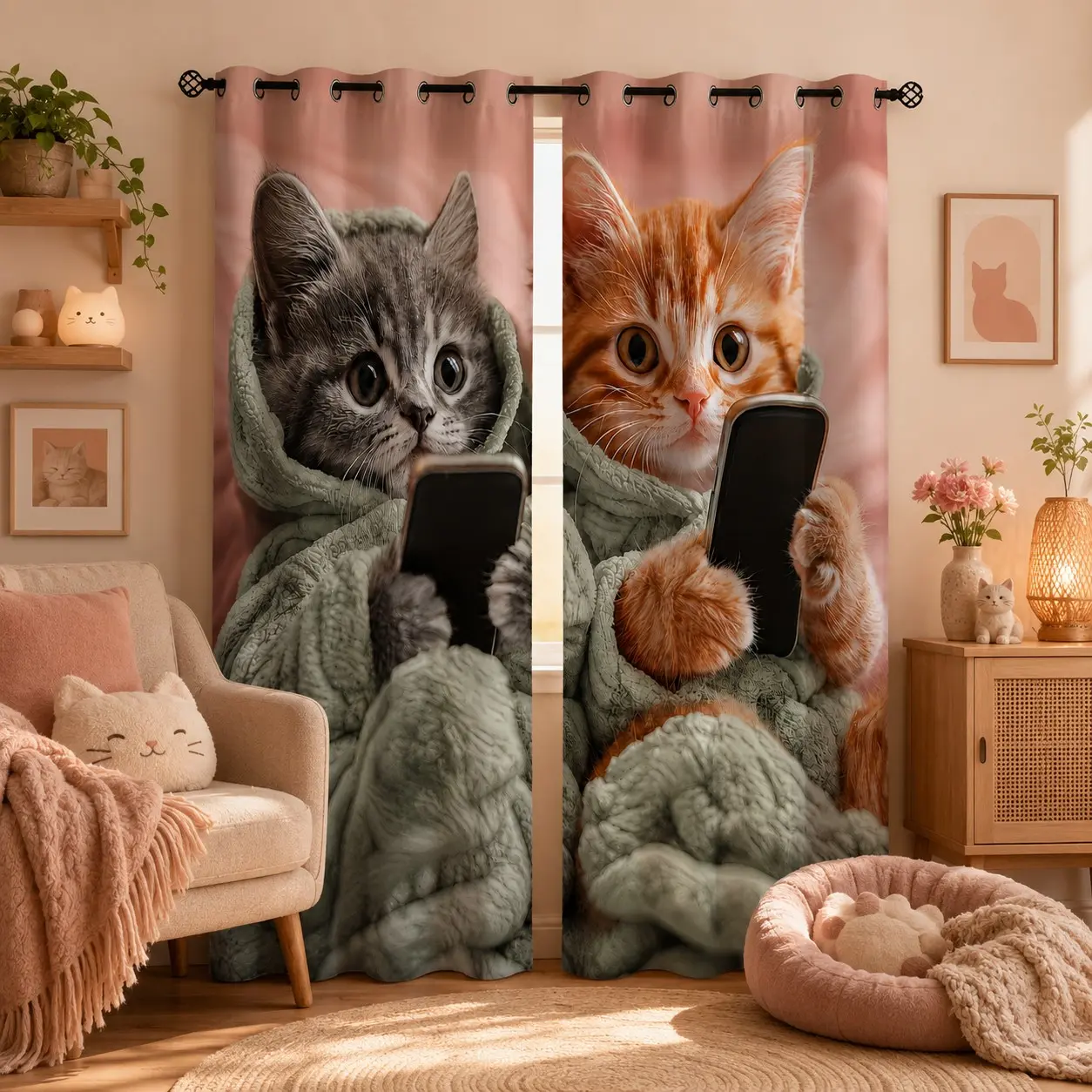 2 Pieces Soft Cute Phone-Playing Kitten Printed Curtains, Single Side Realistic Fluffy Cat Print, Light Blocking Fabric for Bedrooms, Pet-Style Living Rooms and Dorms, Create Warm Cozy Home Decor