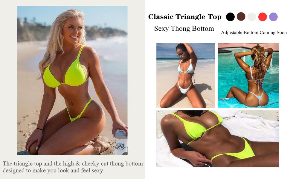 Women's Sexy Thong Bottom Two Piece Bikini Double Shoulder Straps Cute Swimsuit Triangle Bathing Suit