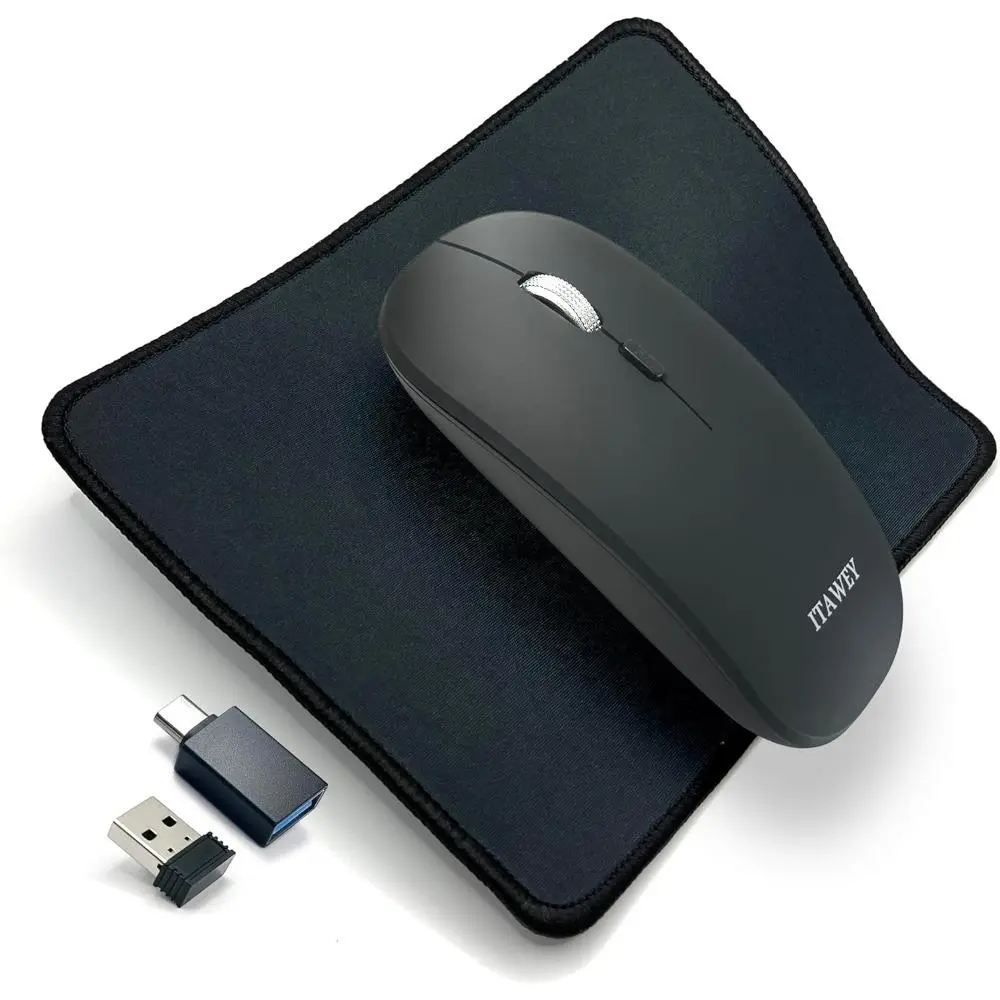 Wireless Mouse and Pad Combo with 500mAh Battery, Dual-Mode Bluetooth 5.2 & USB Receiver 2.4G, Rechargeable, Quiet Clicks, Compact Design, 1600 DPI, Precision Steel Scroll Wheel, USB Cable-Converter, Anti-Fray Stitching, Energy Saving, for PC, Laptop, Bat