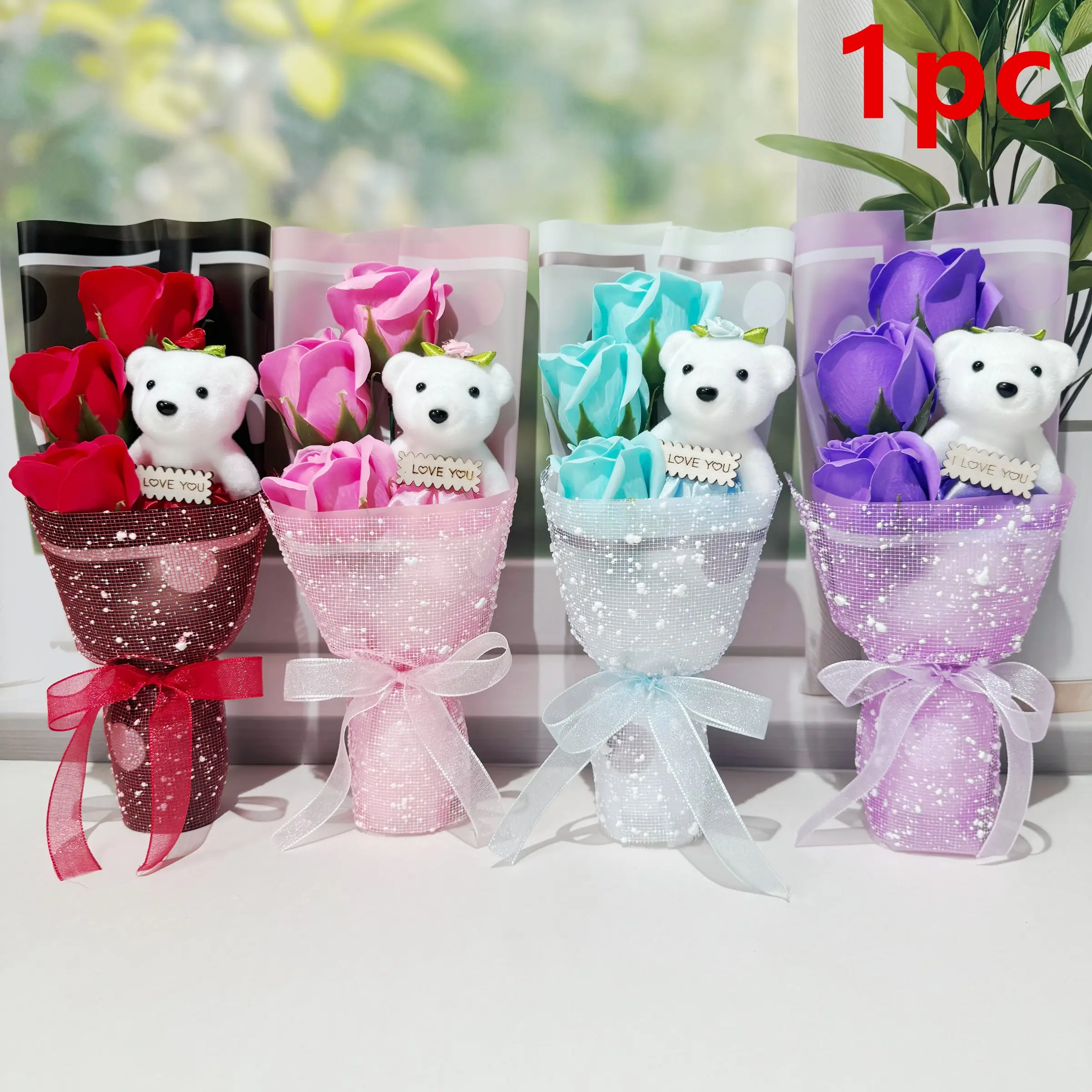 1pc Bear 3 Rose Bouquet, Artificial Rose Bear, Realistic Rose Flowers, Home Wedding Decor, Valentine's Day Gift, Creative Bouquet, Birthday, Graduation, Christmas