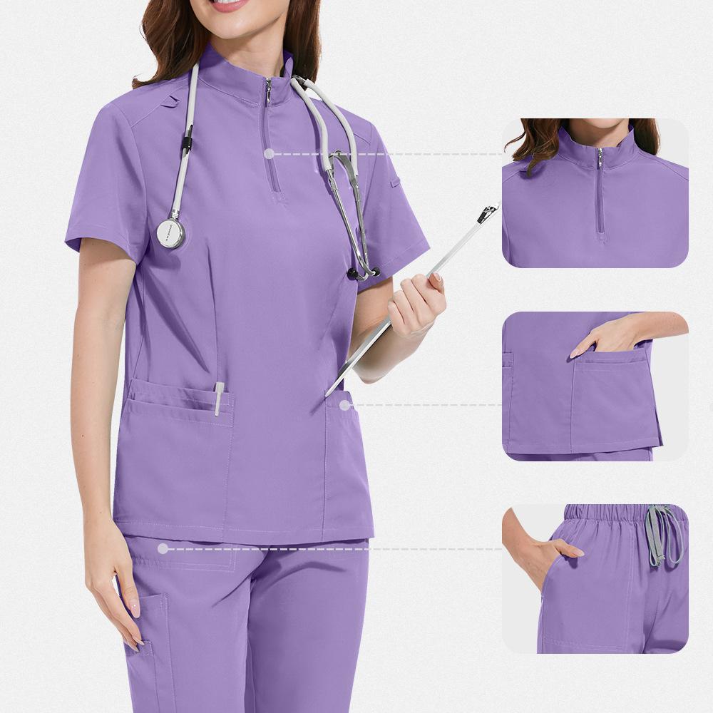 Stand Collar Zipper Doctor and Nurse Work Uniform Operating Gown Scrub Operating Room Solid Color Straight Leg Pants Set, Solid Color Simple and Breathable Suitable for Daily Nursing Wear in Hospitals Operating Rooms and Outpatient Clinics