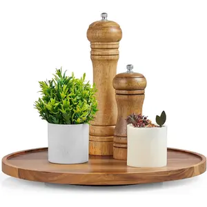 12" Acacia Wood Lazy Susan Turntable Organizer, Decorative Tray for Table Top Cabinet Dining Pantry Countertop, Kitchen Bathroom Coffee Bar Organization & Decor