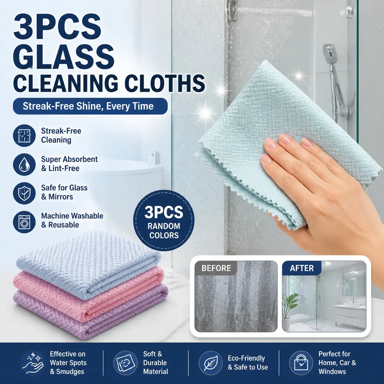 3 Pack Magic Cleaning Cloth Wipe, Streak-Free Watermark Remover Cloth for Glass, Window, Kitchen & Car Mirror Cleaning