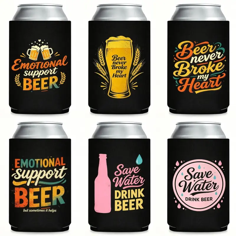 Funny Koozies for Party – "Emotional Support Beer – Beer Never Broke My Heart" Can Cooler with Thermo coolers, Best Can Koozie for Cans, Perfect Koozies for Cans, Hilarious Gifts for Beer Lovers,  and Backyard Gatherings-6Pack