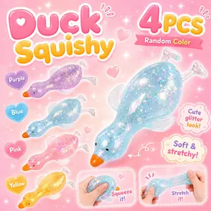 4PCS Cute Duck Squishy Stress Ball, Cute Duck Squishy Sugar Stress Ball, Soft Duck Stress Relief Sugar Ball Toys and Moldable Slow Rise Relaxing Sensory Fidget Stress for Anxiety Relief Glittery Squishies