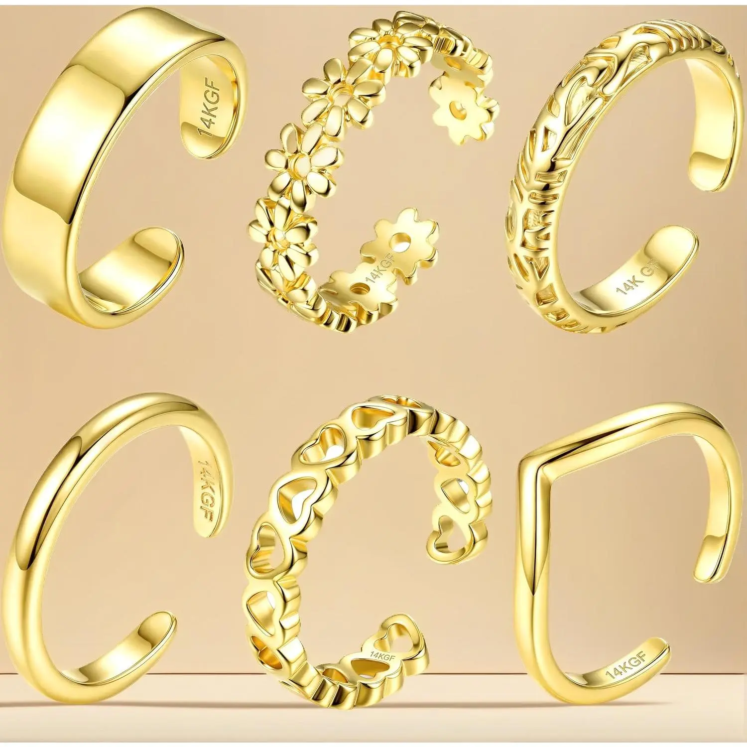 Women Dainty CZ Toe Ring Set, 14K Gold Filled Silver Plated Adjustable Open Toe Rings, Non Tarnish Summer Beach Foot Jewelry